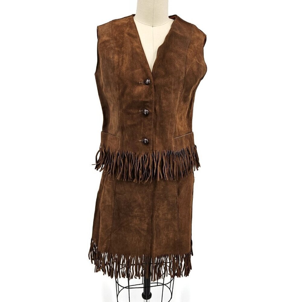 Vintage Lady Californian Vest and Skirt Womens 10 Brown Suede Fringe Pockets